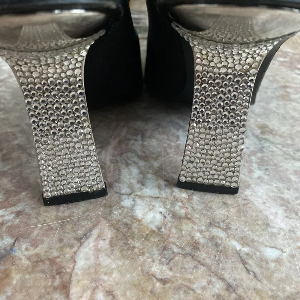 STUART WEITZMAN Black Satin Slingback Rhinestone Heel Pumps shoe stylish